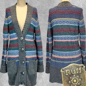 VINTAGE Y2K Ruff Hewn wool rabbit hair knit sweater cardigan long duster rainbow